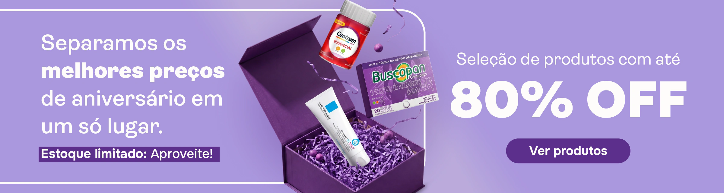Banner de produtos com até 80% de desconto no Aniversário Mevo Farma
